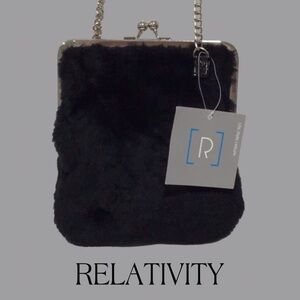 NWT RELATIVITY Black Faux Fur Frame Shoulder Crossbody Bag Top Kiss Lock